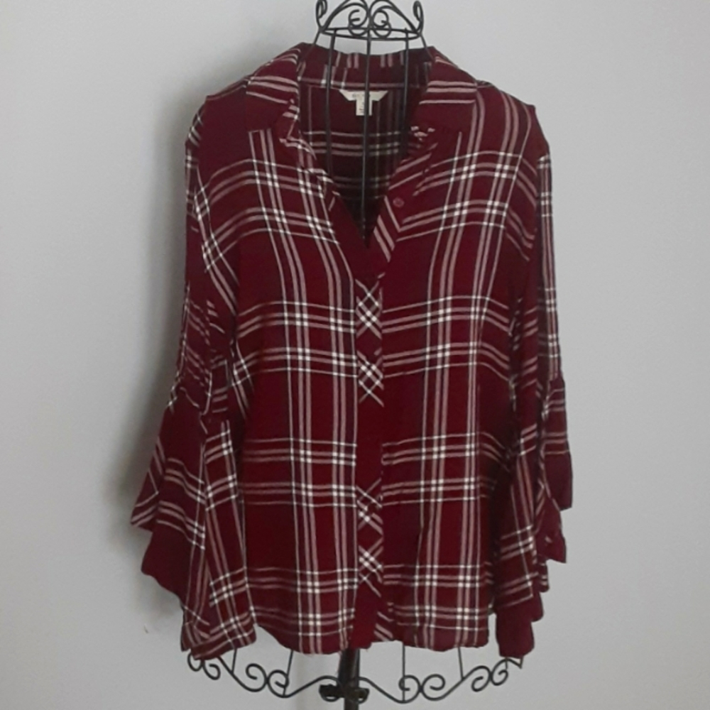 COPY - Burgundy plaid bell sleeve blouse, Medium.